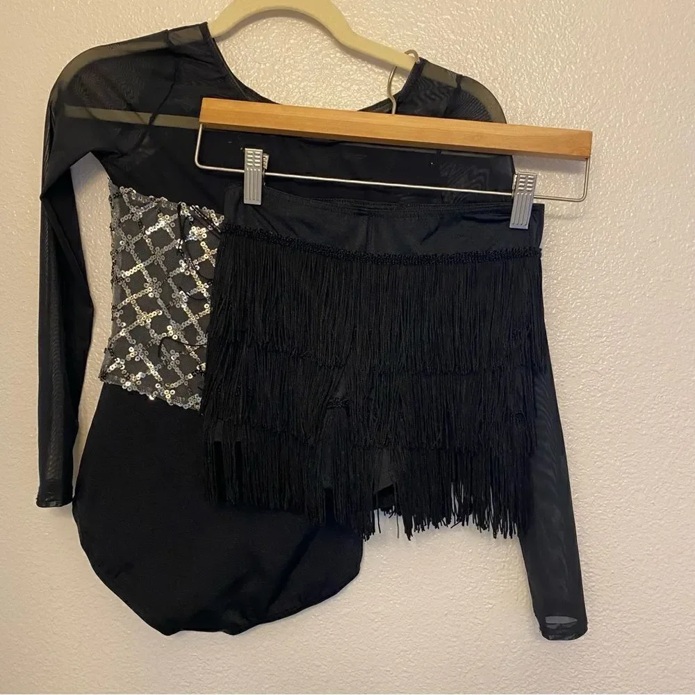 Weissman dance costume fringe 2 piece black Hermann's Boogie 13500 Child MC
